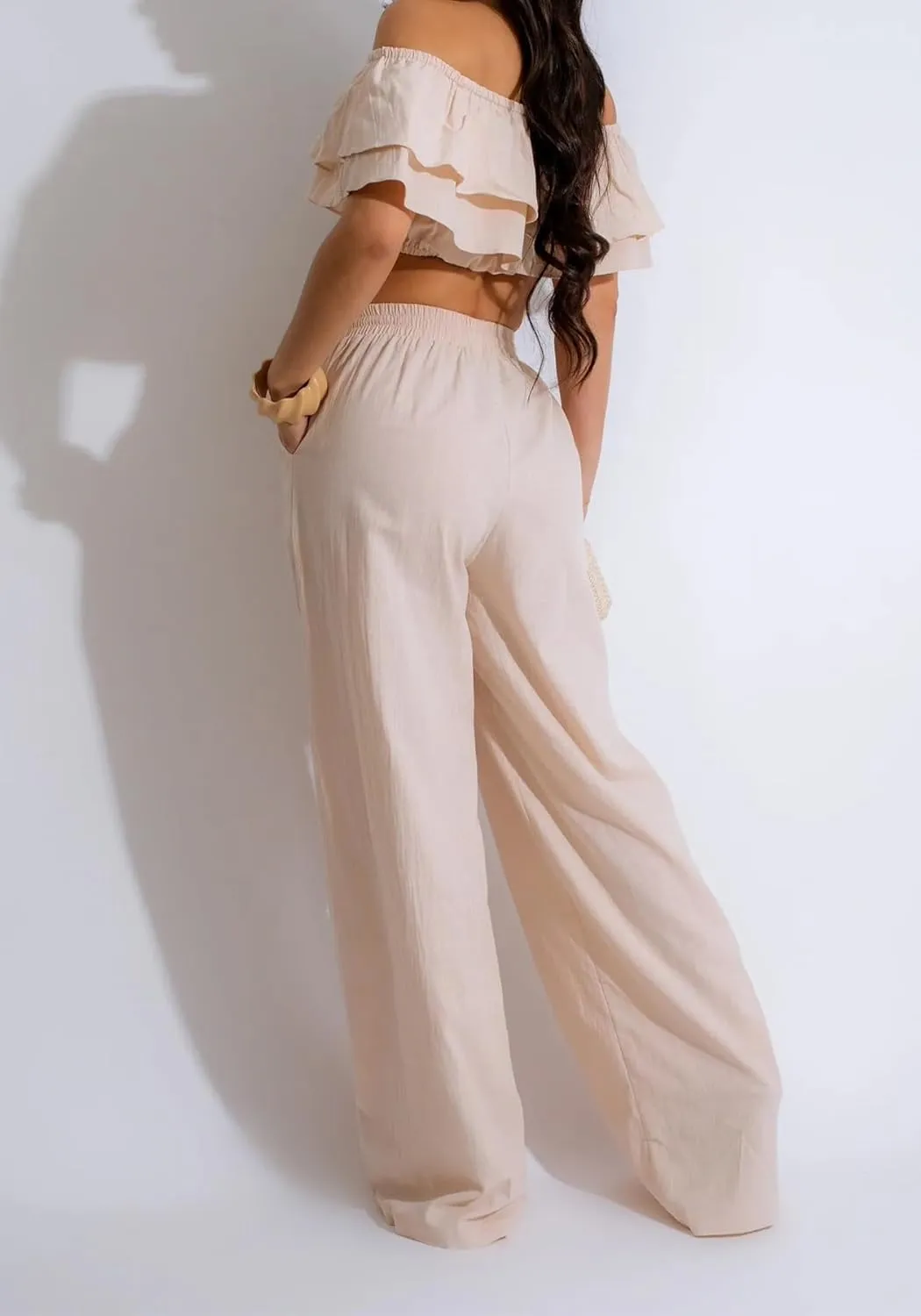 Ecirod Womens Summer Casual 2 Piece Outfits Sexy Ruffle Off The Shoulder Crop Top High Waisted Wide Leg Pants Set
