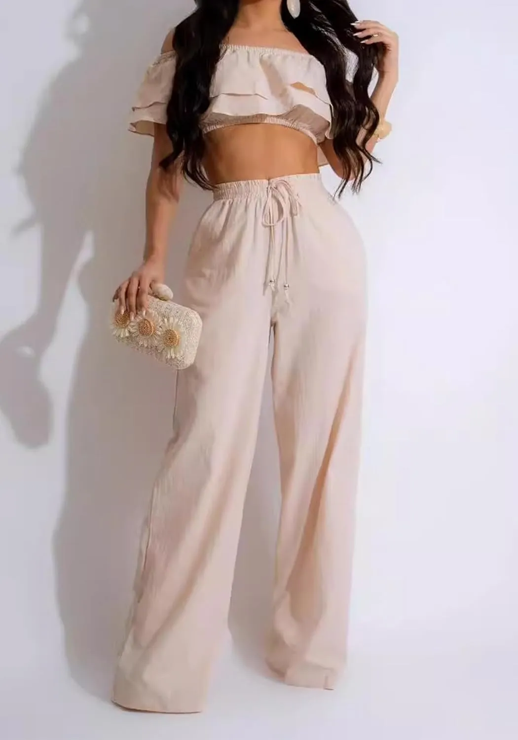 Ecirod Womens Summer Casual 2 Piece Outfits Sexy Ruffle Off The Shoulder Crop Top High Waisted Wide Leg Pants Set