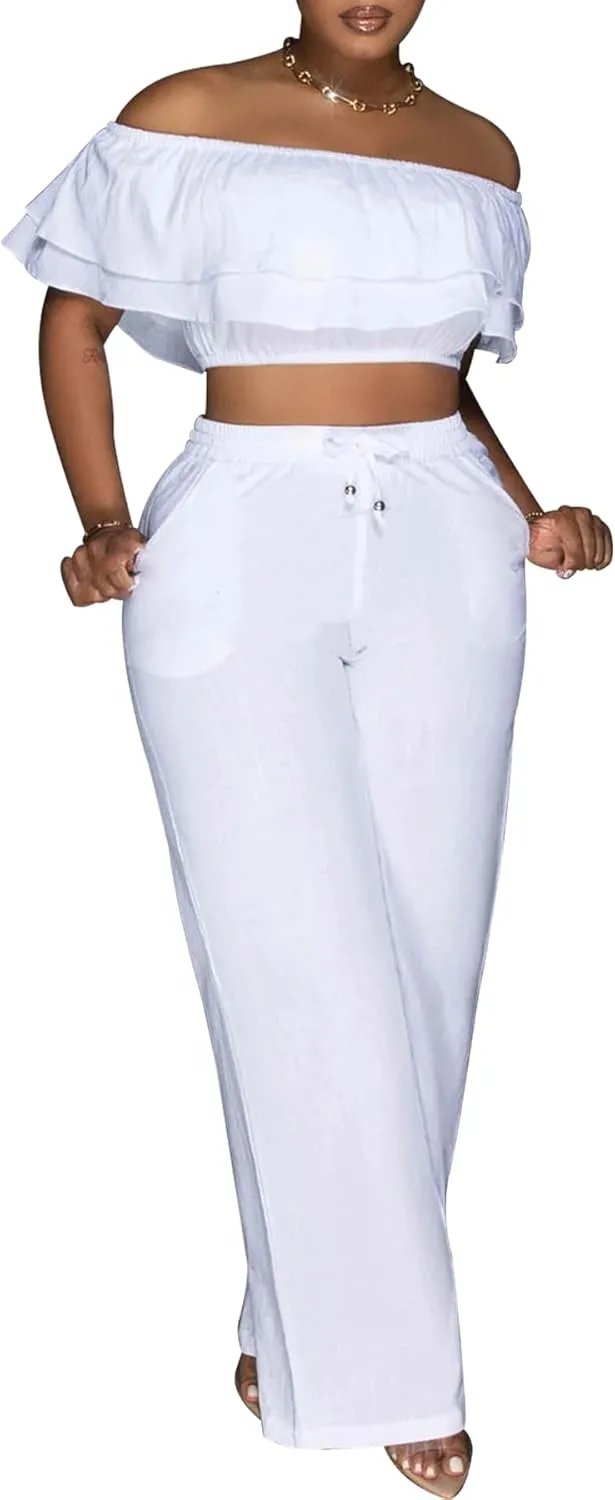 Ecirod Womens Summer Casual 2 Piece Outfits Sexy Ruffle Off The Shoulder Crop Top High Waisted Wide Leg Pants Set
