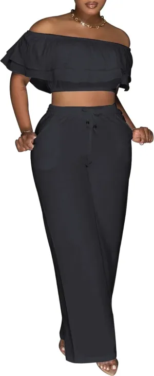 Ecirod Womens Summer Casual 2 Piece Outfits Sexy Ruffle Off The Shoulder Crop Top High Waisted Wide Leg Pants Set