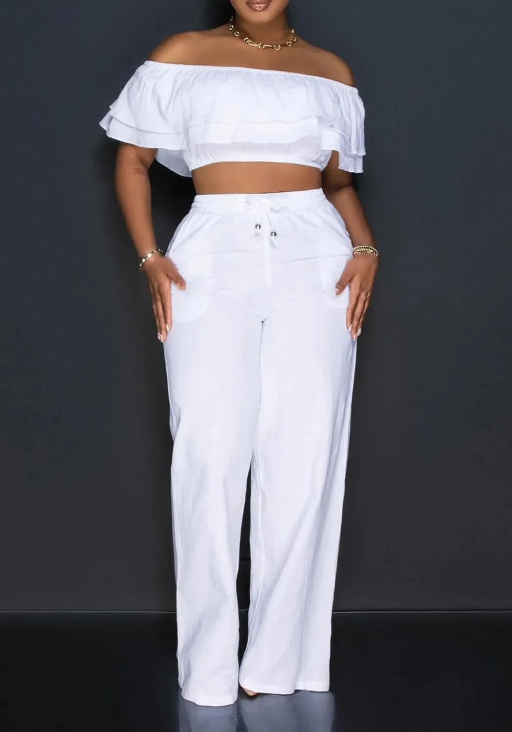 Ecirod Womens Summer Casual 2 Piece Outfits Sexy Ruffle Off The Shoulder Crop Top High Waisted Wide Leg Pants Set