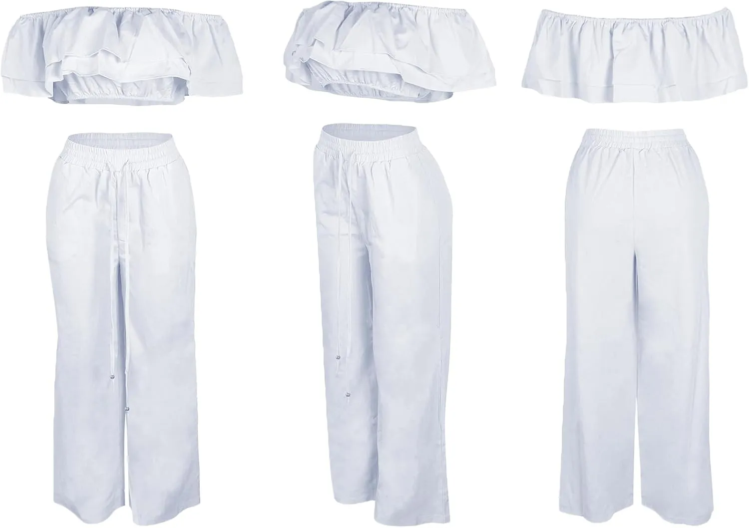 Ecirod Womens Summer Casual 2 Piece Outfits Sexy Ruffle Off The Shoulder Crop Top High Waisted Wide Leg Pants Set