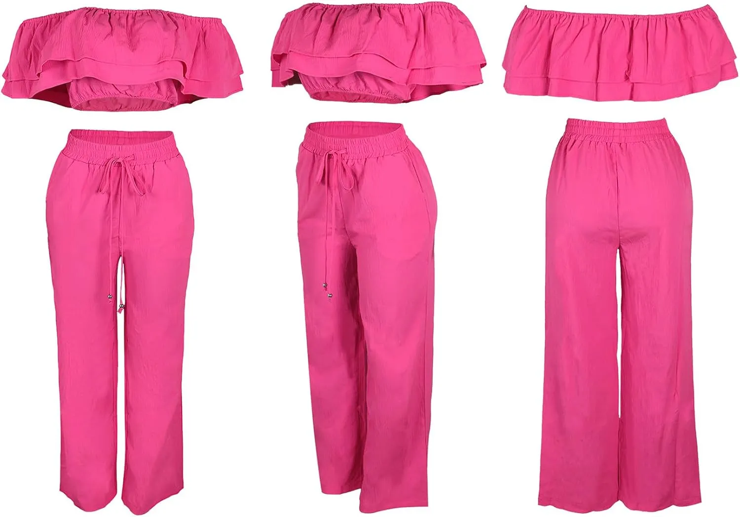 Ecirod Womens Summer Casual 2 Piece Outfits Sexy Ruffle Off The Shoulder Crop Top High Waisted Wide Leg Pants Set