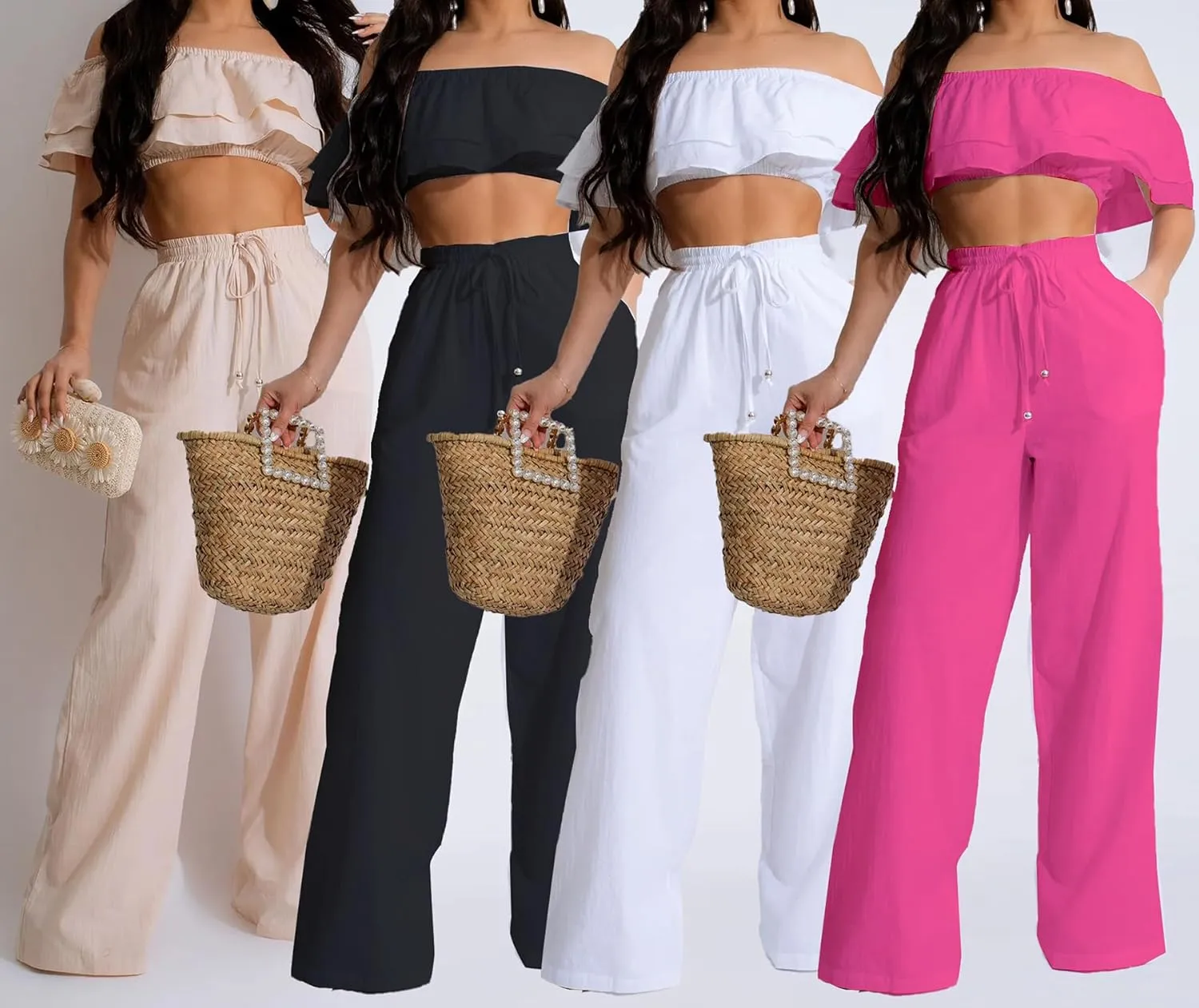 Ecirod Womens Summer Casual 2 Piece Outfits Sexy Ruffle Off The Shoulder Crop Top High Waisted Wide Leg Pants Set