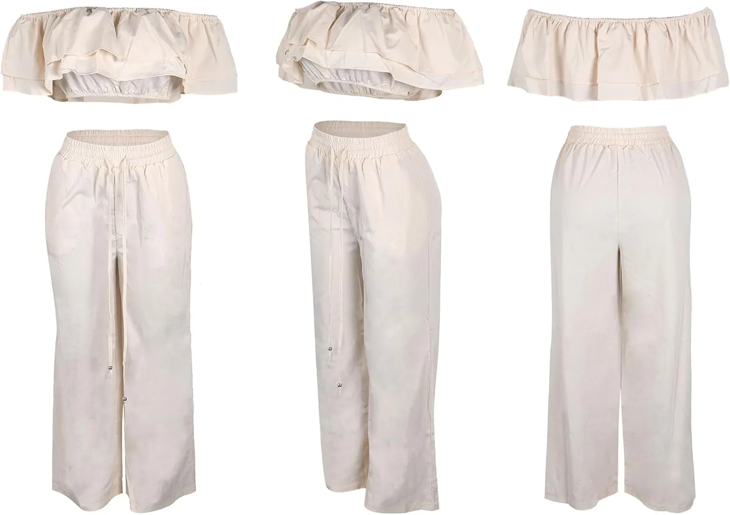 Ecirod Womens Summer Casual 2 Piece Outfits Sexy Ruffle Off The Shoulder Crop Top High Waisted Wide Leg Pants Set