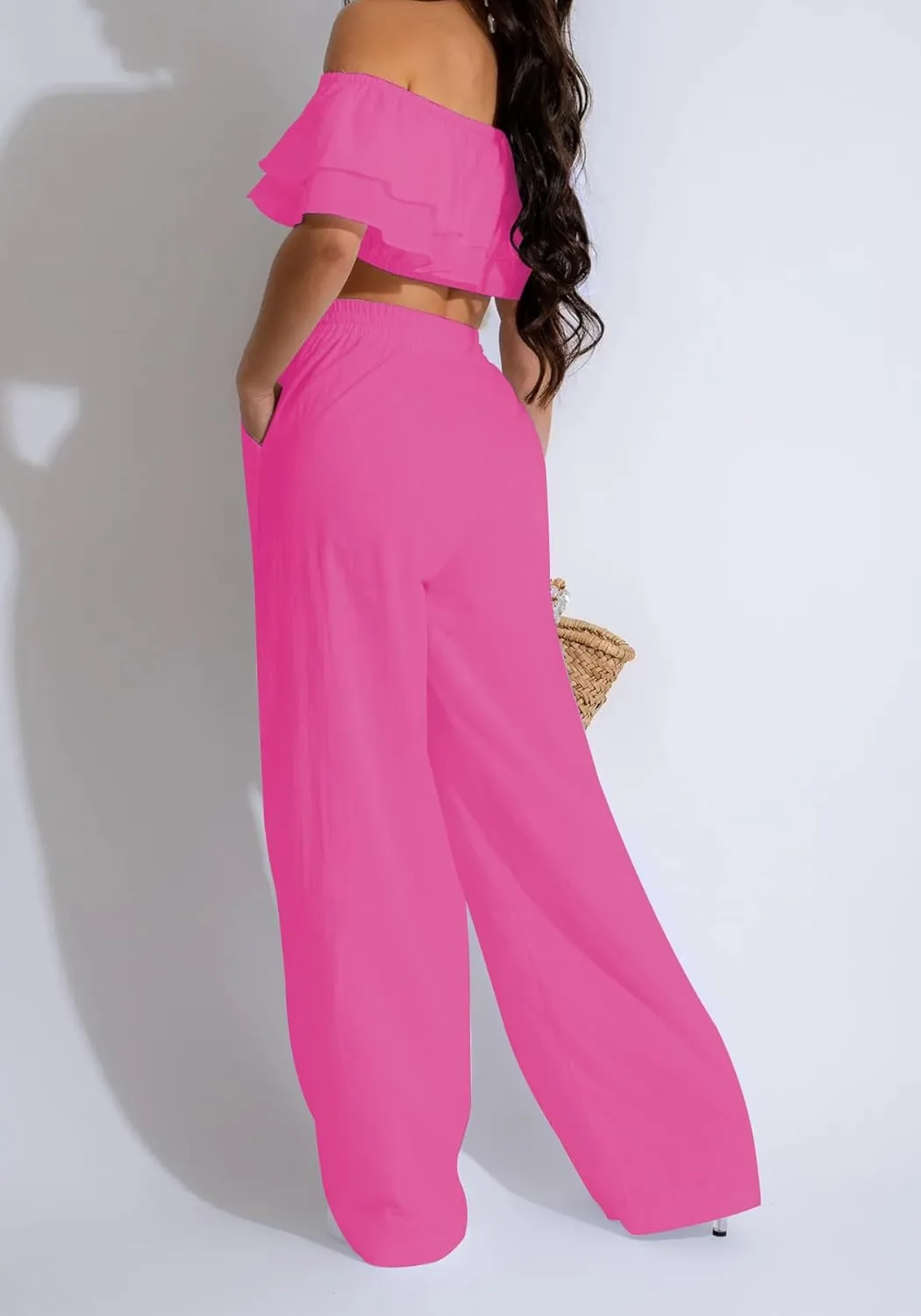 Ecirod Womens Summer Casual 2 Piece Outfits Sexy Ruffle Off The Shoulder Crop Top High Waisted Wide Leg Pants Set