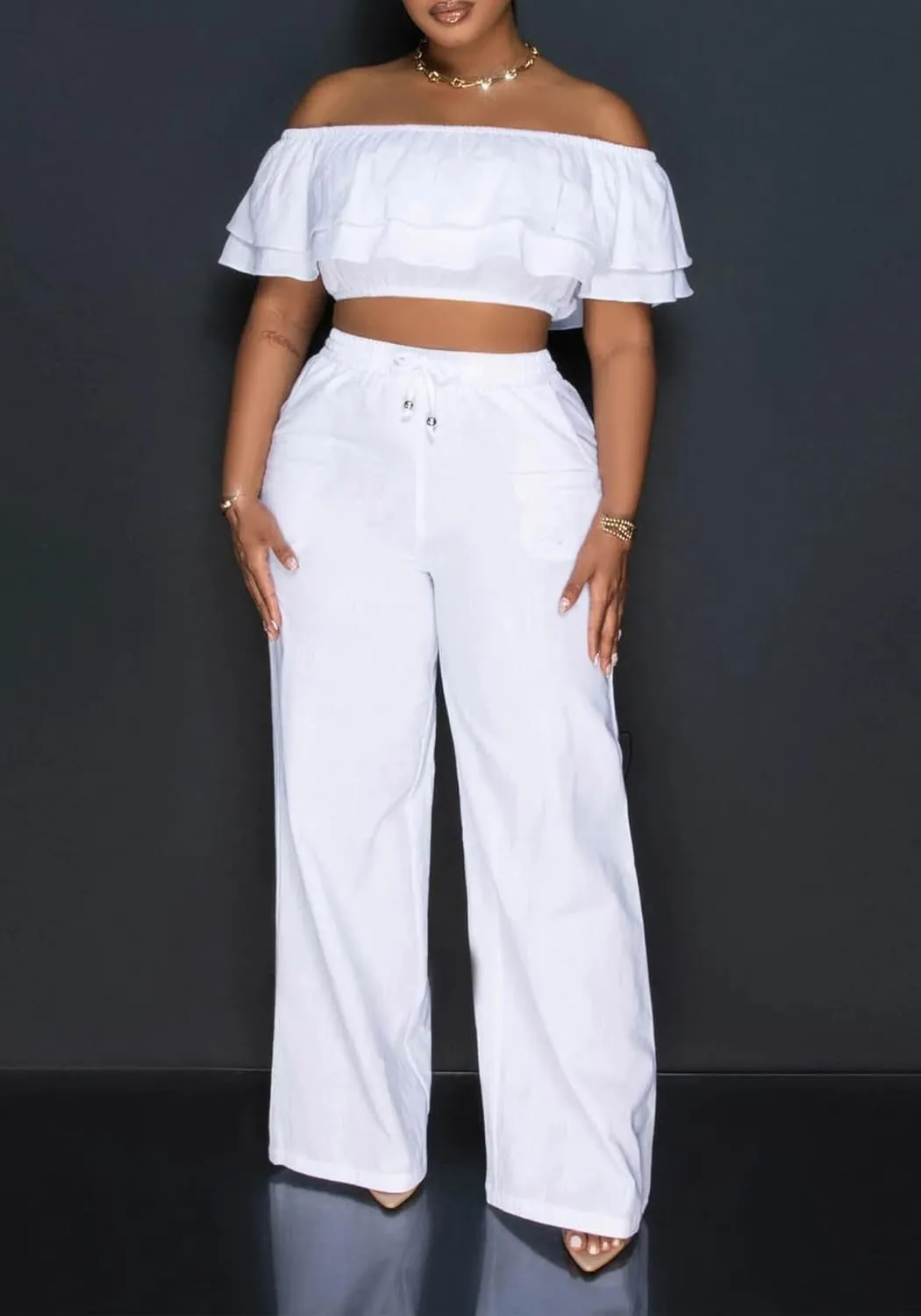 Ecirod Womens Summer Casual 2 Piece Outfits Sexy Ruffle Off The Shoulder Crop Top High Waisted Wide Leg Pants Set