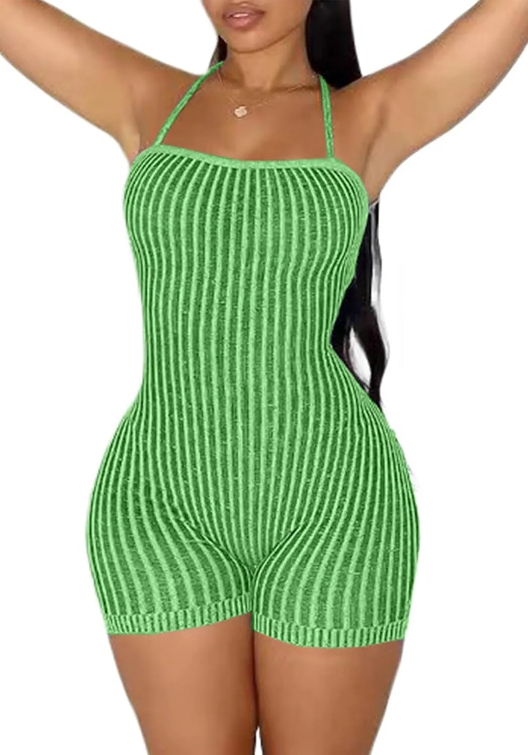 Ecirod Womens Tie Back One Piece Short Stripe Knit Jumpsuits Summer Lace Up Backless Bodycon Sleeveless Romper
