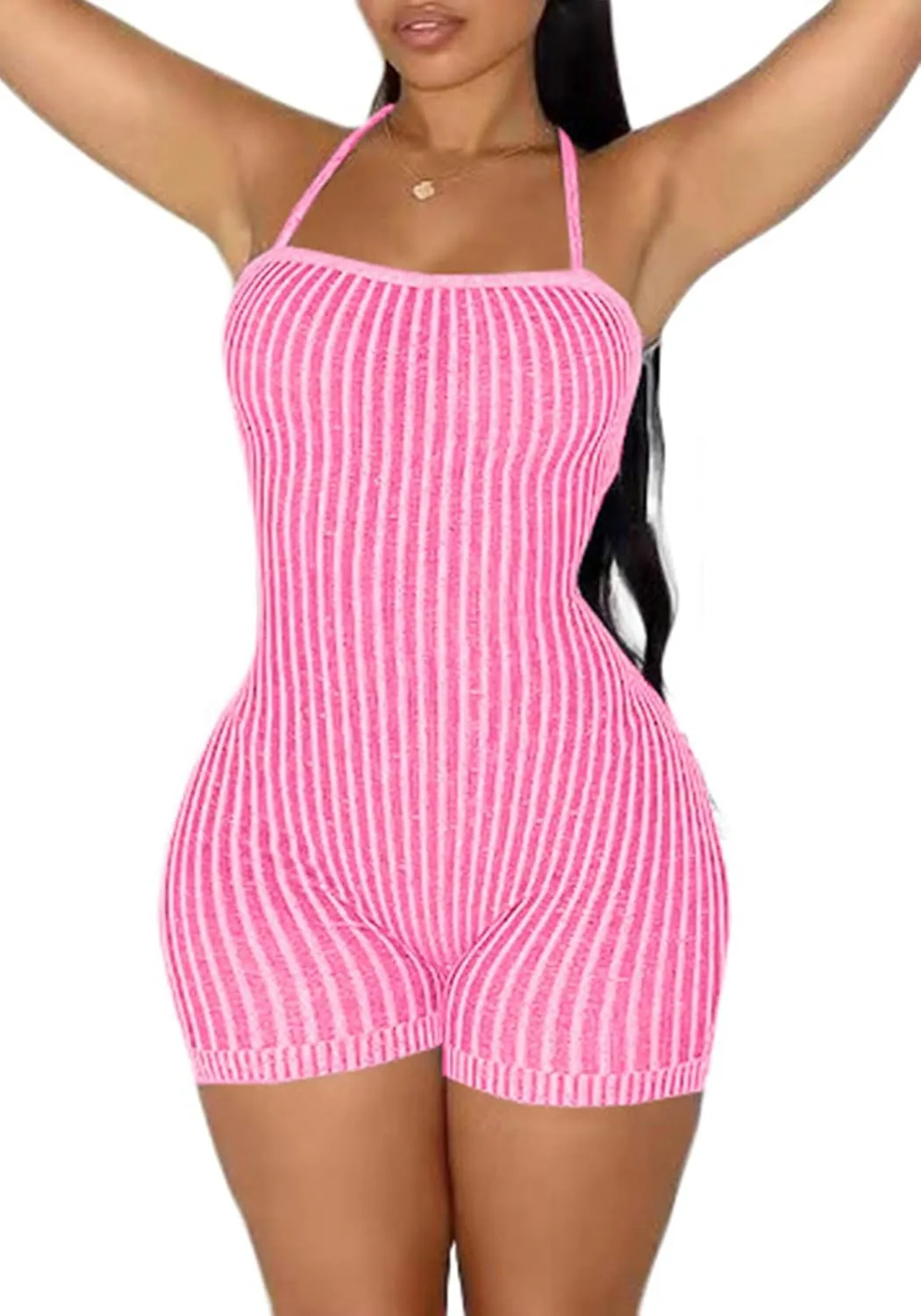 Ecirod Womens Tie Back One Piece Short Stripe Knit Jumpsuits Summer Lace Up Backless Bodycon Sleeveless Romper