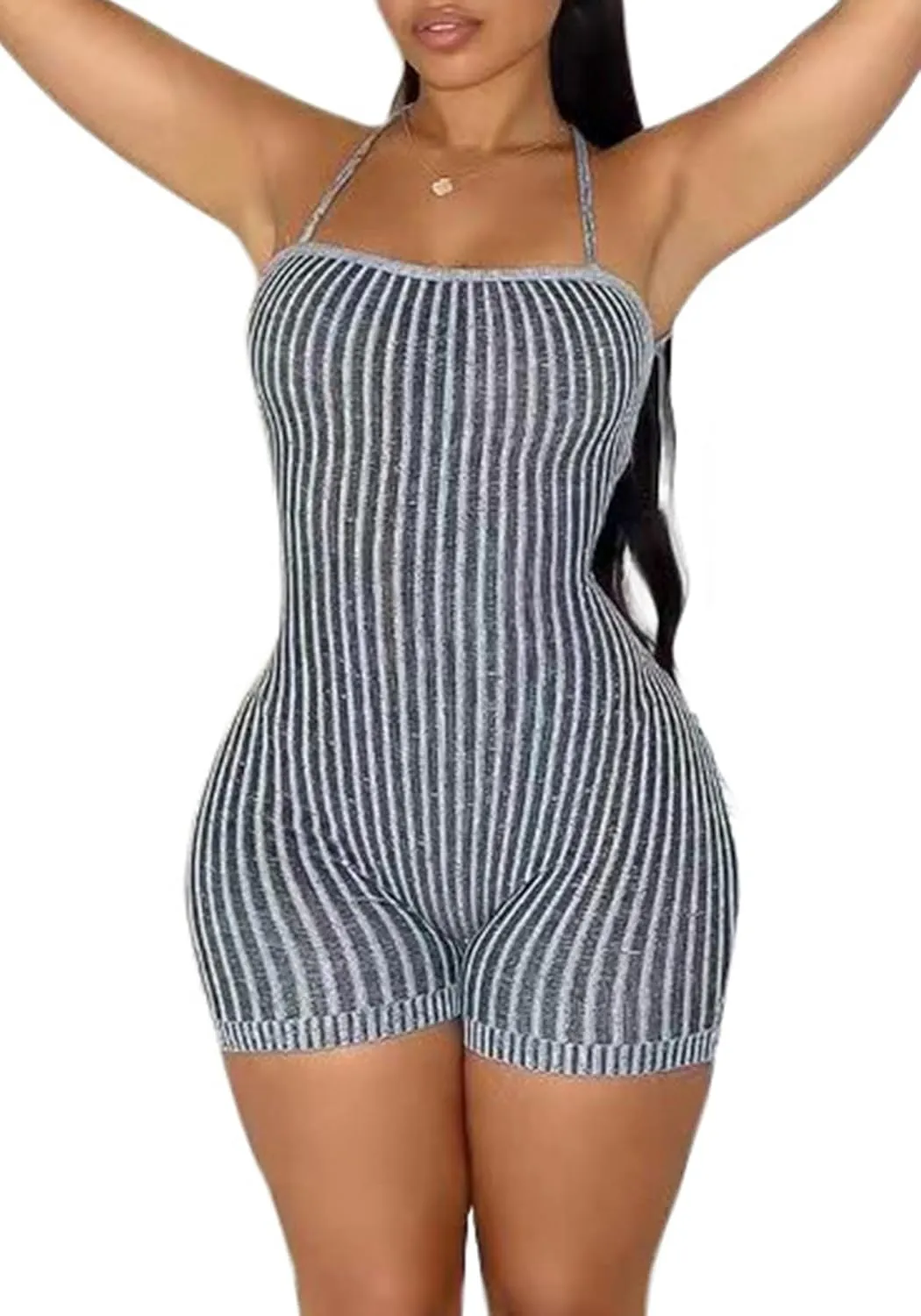 Ecirod Womens Tie Back One Piece Short Stripe Knit Jumpsuits Summer Lace Up Backless Bodycon Sleeveless Romper