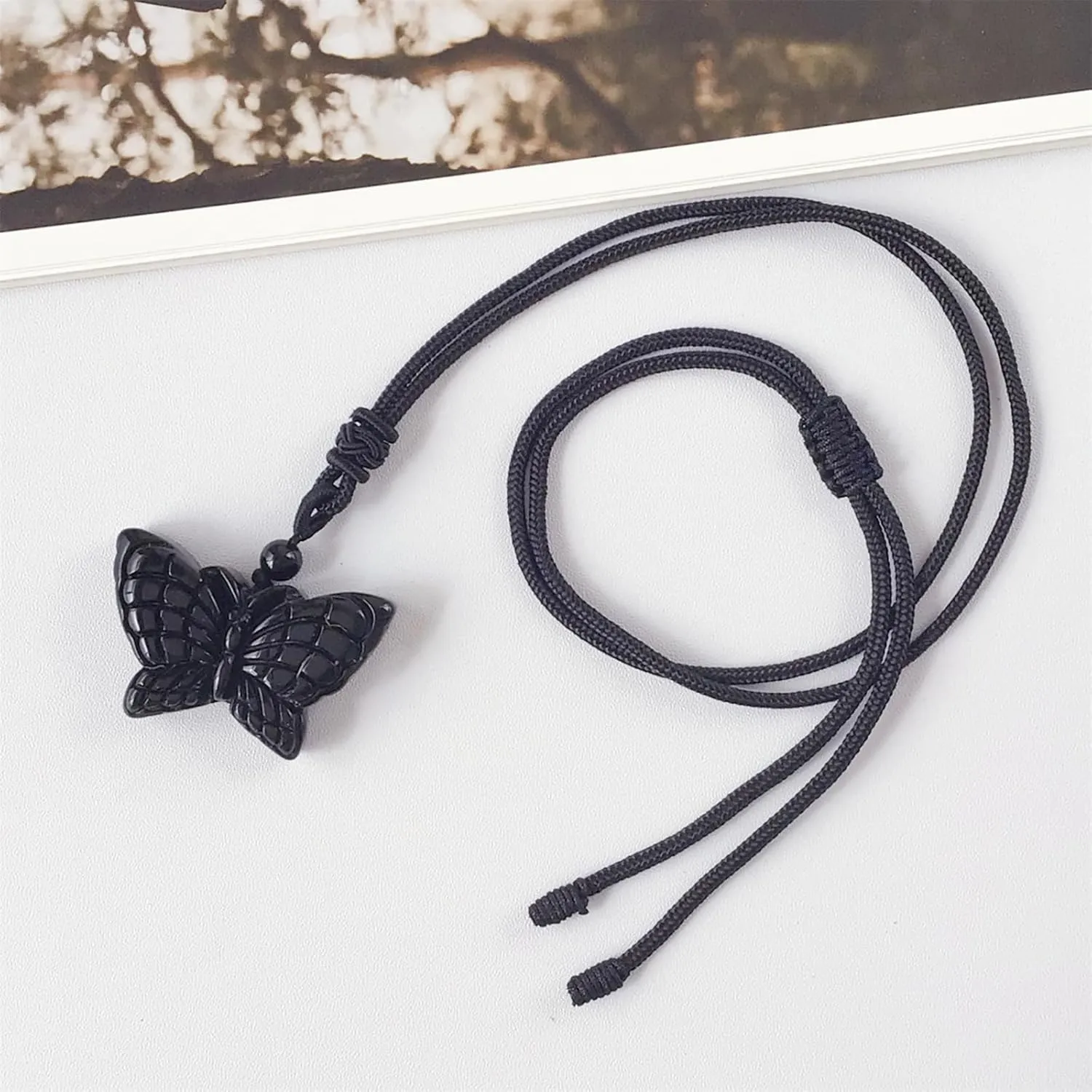 EDEN'S CALL Natural Crystal Stone Pendant Necklace Adjustable Black Cord Carved Quartz Butterfly Necklace