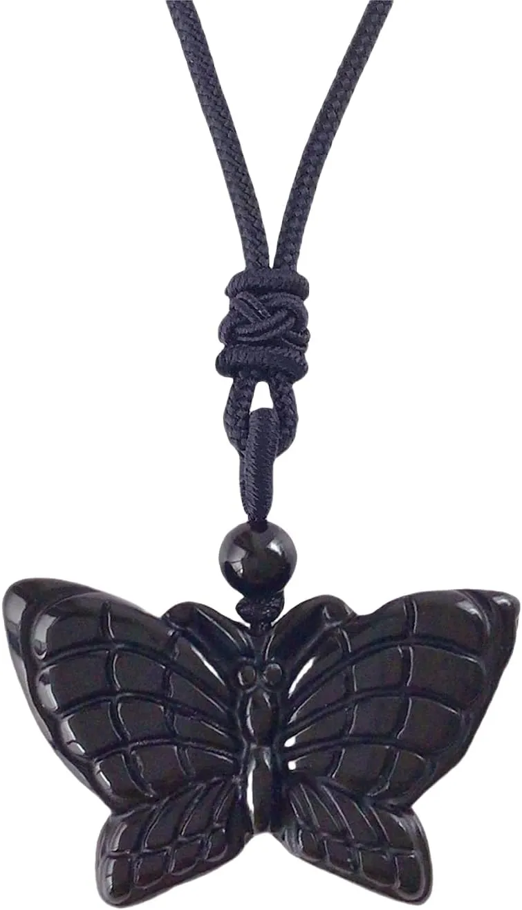 EDEN'S CALL Natural Crystal Stone Pendant Necklace Adjustable Black Cord Carved Quartz Butterfly Necklace