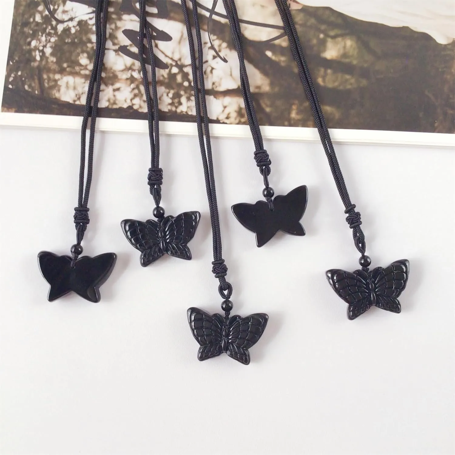 EDEN'S CALL Natural Crystal Stone Pendant Necklace Adjustable Black Cord Carved Quartz Butterfly Necklace