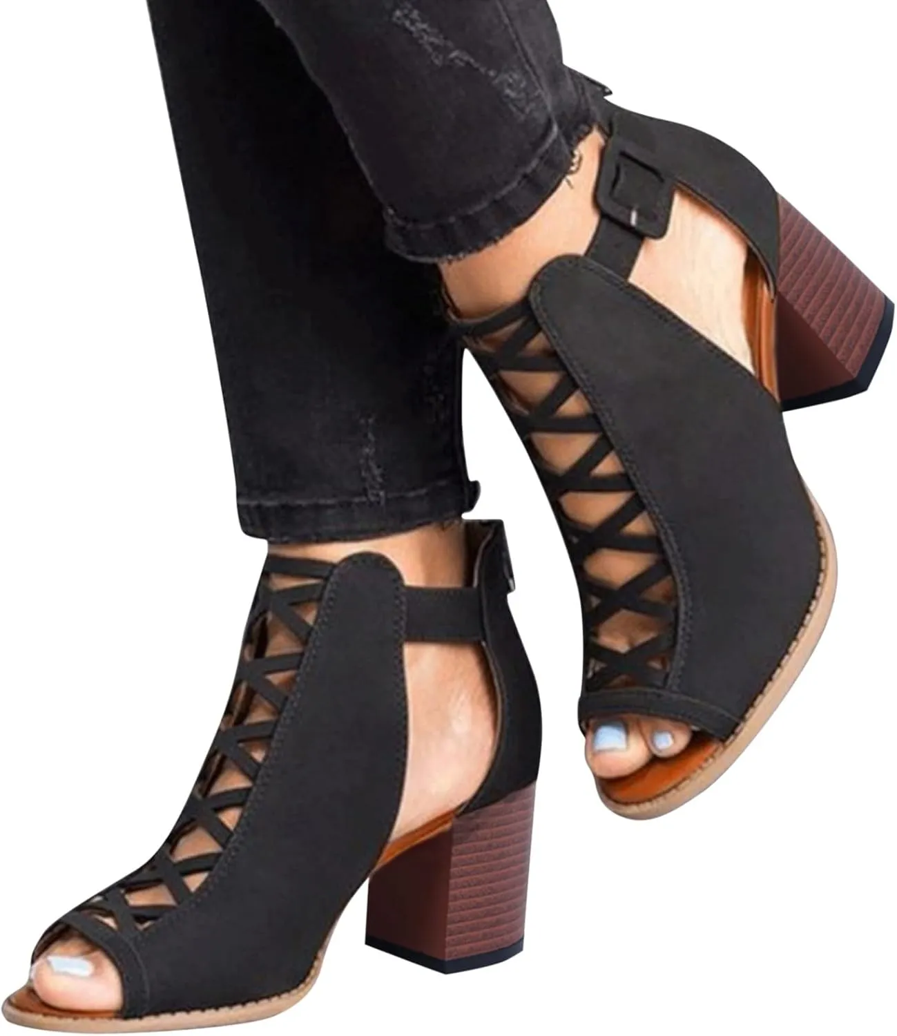 Eduavar Sandals for Women Dressy, Orthopedic Sandals for Women Leather Peep Toe Cutout Zipper Chunky Heeled Sandals