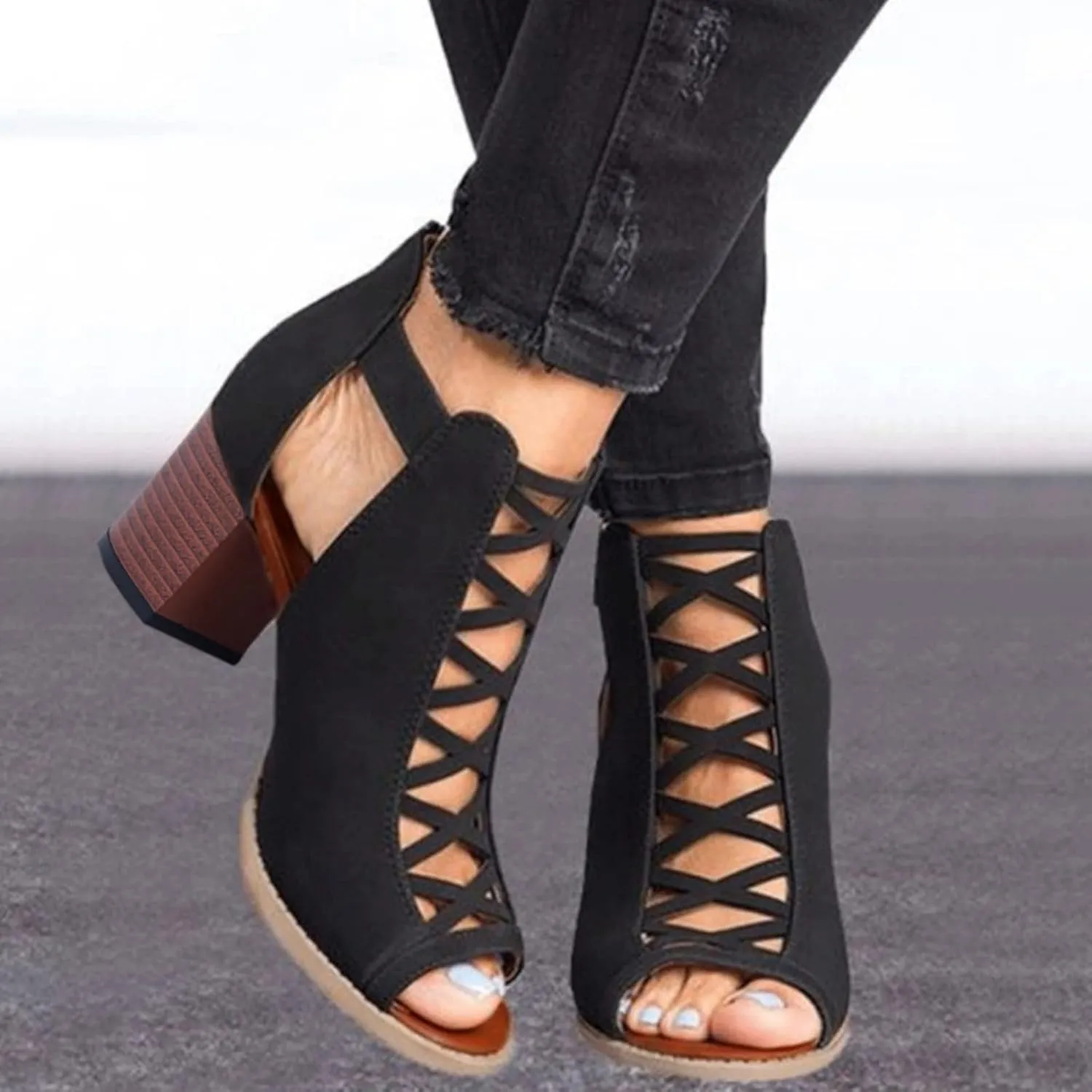 Eduavar Sandals for Women Dressy, Orthopedic Sandals for Women Leather Peep Toe Cutout Zipper Chunky Heeled Sandals