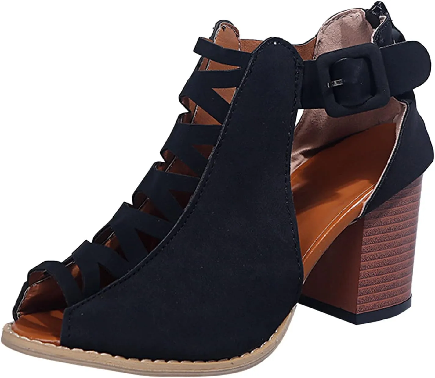 Eduavar Sandals for Women Dressy, Orthopedic Sandals for Women Leather Peep Toe Cutout Zipper Chunky Heeled Sandals