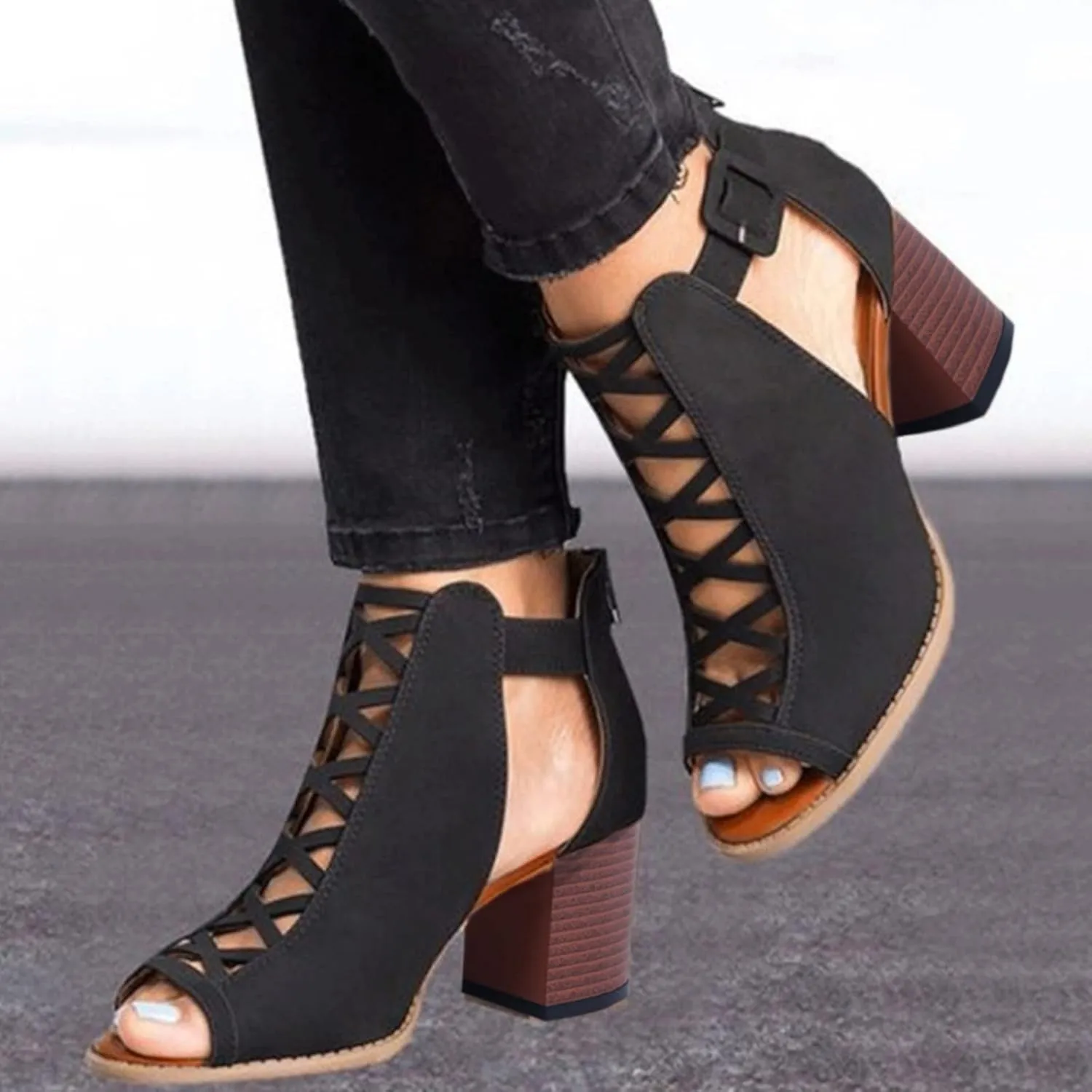 Eduavar Sandals for Women Dressy, Orthopedic Sandals for Women Leather Peep Toe Cutout Zipper Chunky Heeled Sandals