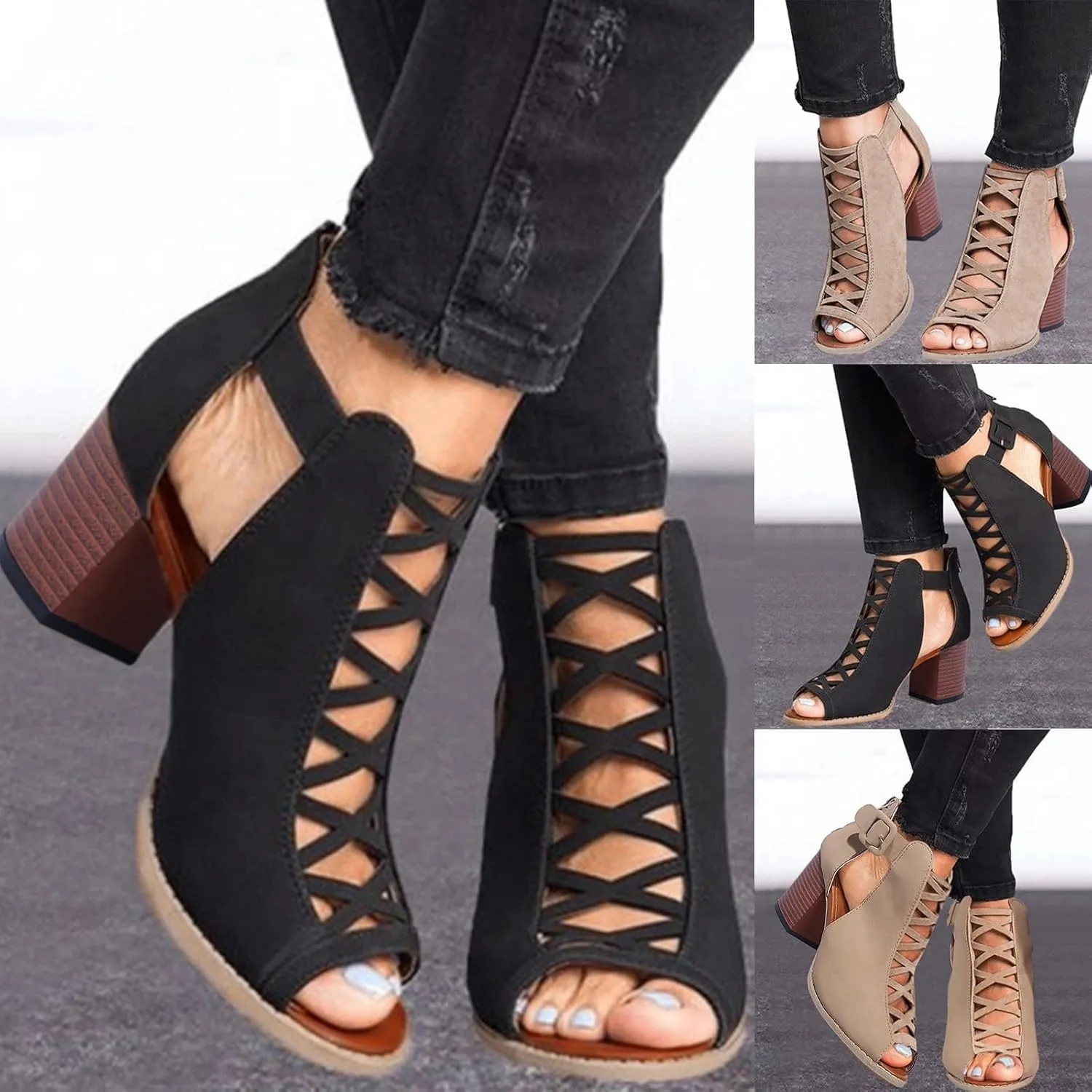 Eduavar Sandals for Women Dressy, Orthopedic Sandals for Women Leather Peep Toe Cutout Zipper Chunky Heeled Sandals