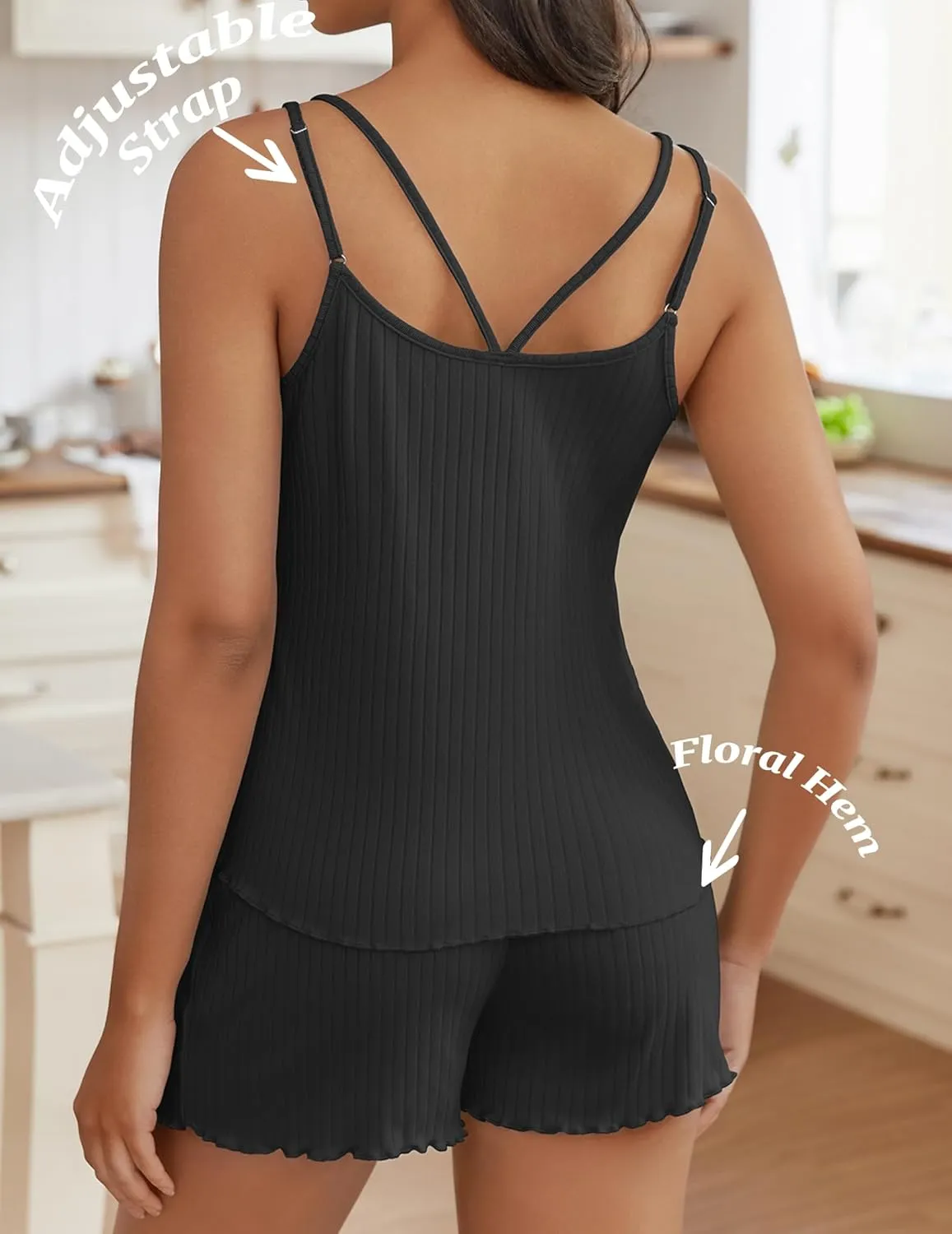 Ekouaer Womens Cami Pajama Sets 2 Piece Ribbed Knit PJs Tank Top and Shorts Set Lingerie Sleepwear