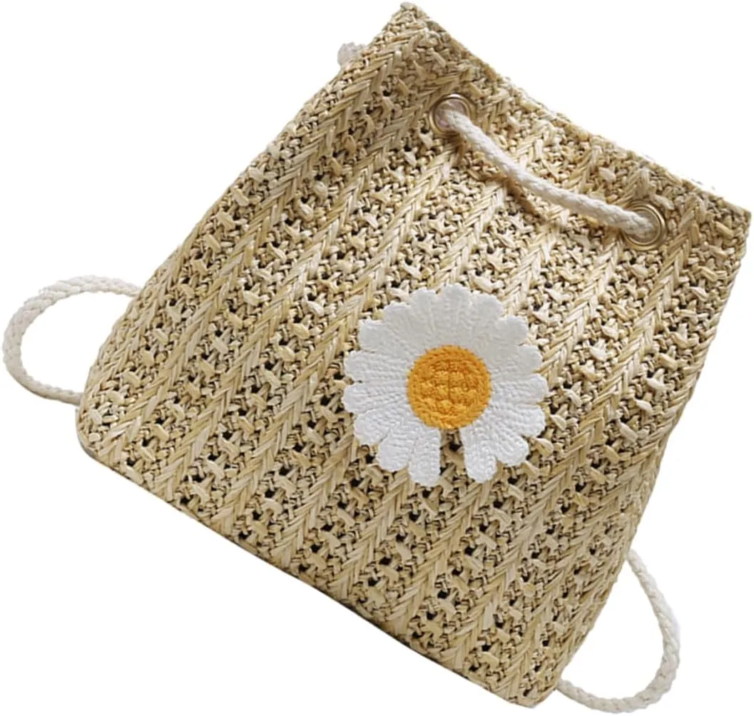 Elegant Daisy Pattern Bucket Bag Women's Crossbody Straw Bag Storage Pouch for Family