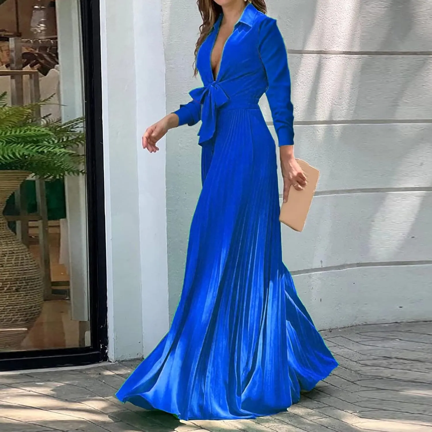 Elegant Jumpsuits for Women Formal Deep V-Neck Jumpsuit High Waisted Long Sleeve Lapel Collar Romper with Pockets