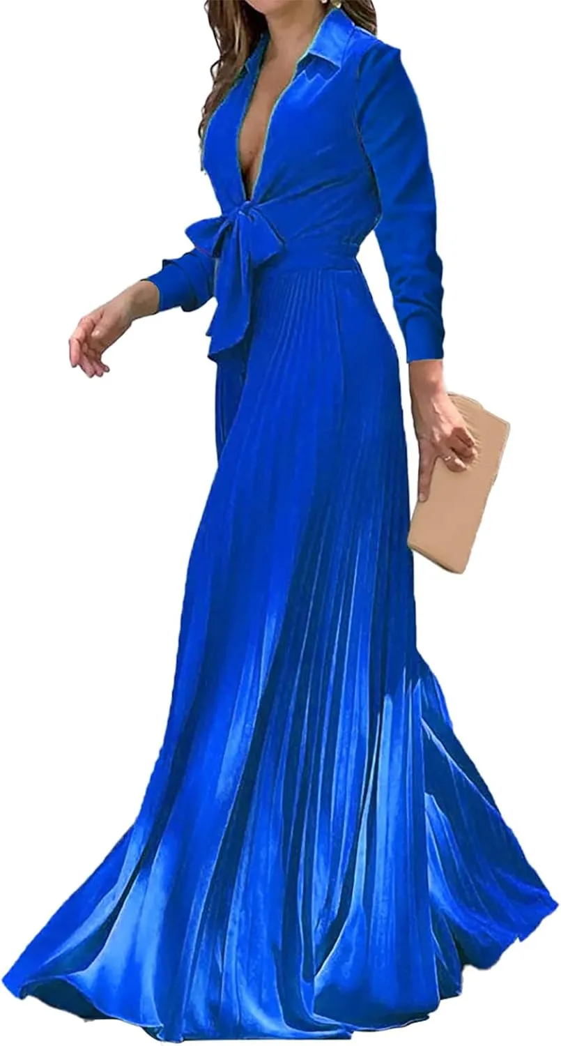 Elegant Jumpsuits for Women Formal Deep V-Neck Jumpsuit High Waisted Long Sleeve Lapel Collar Romper with Pockets