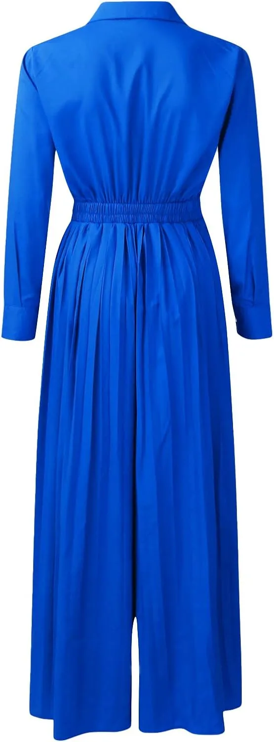 Elegant Jumpsuits for Women Formal Deep V-Neck Jumpsuit High Waisted Long Sleeve Lapel Collar Romper with Pockets