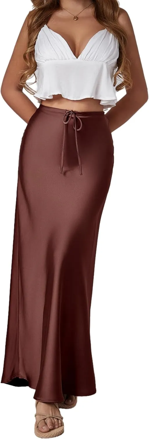 Elegant Satin Silk Maxi Skirt for Women - Flared A-Line with Drawstring for Casual and Stylish Comfort (US, Alpha, Medium, Regular, Regular, Chocolate)