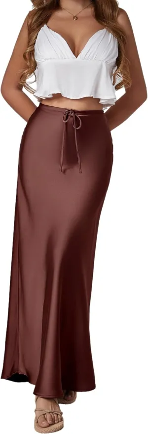 Elegant Satin Silk Maxi Skirt for Women - Flared A-Line with Drawstring for Casual and Stylish Comfort (US, Alpha, Medium, Regular, Regular, Chocolate)