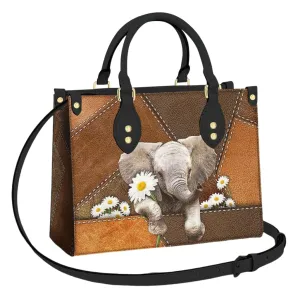 Elephant Leather Bag for Women, Elephant Handbags Crossbody Purse Ladies Chic Satchel Shoulder Bag with Removable Strap, Elephant Daisy Gift for Mom Friend (One Size, Brown)