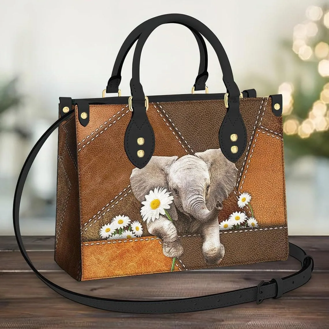 Elephant Leather Bag for Women, Elephant Handbags Crossbody Purse Ladies Chic Satchel Shoulder Bag with Removable Strap, Elephant Daisy Gift for Mom Friend (One Size, Brown)