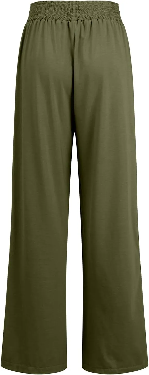 eoeioa High Waist Wide Leg Pants Women Baggy Stretch Smocked Waist Palazzo Pants Straight Lounge Beach Flowy Pants w/Pockets
