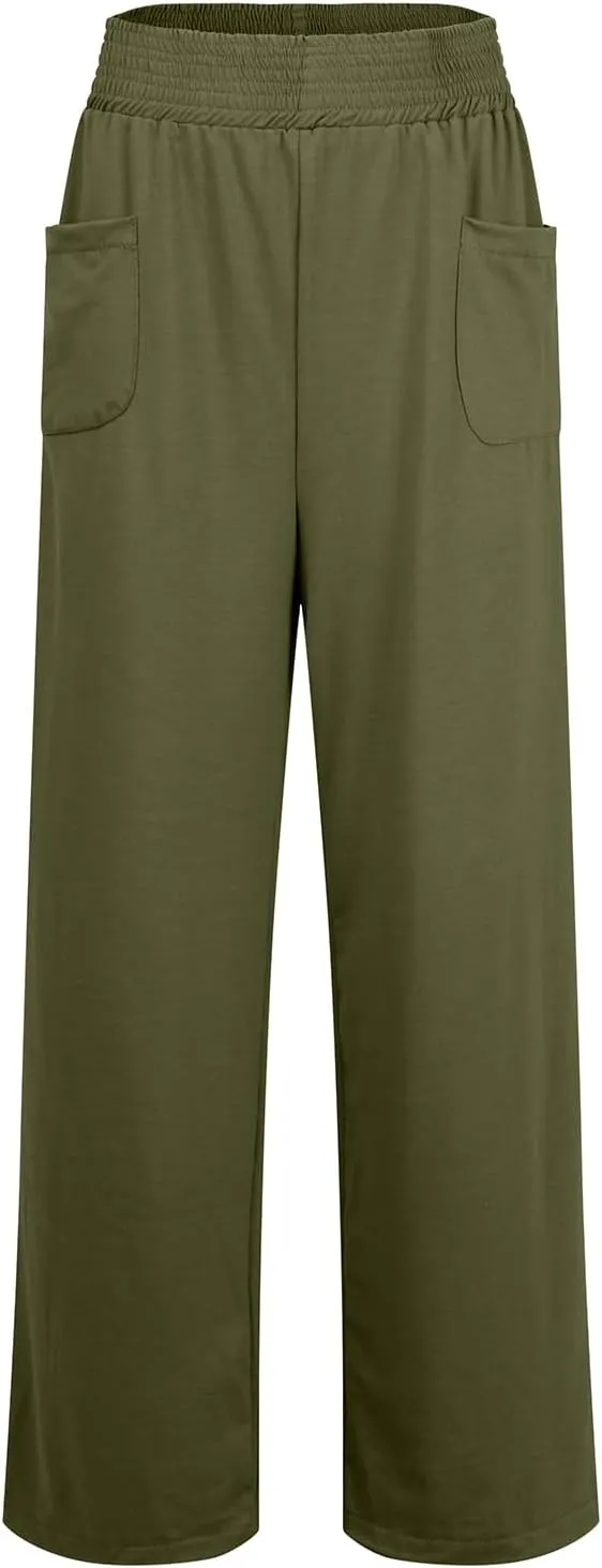 eoeioa High Waist Wide Leg Pants Women Baggy Stretch Smocked Waist Palazzo Pants Straight Lounge Beach Flowy Pants w/Pockets