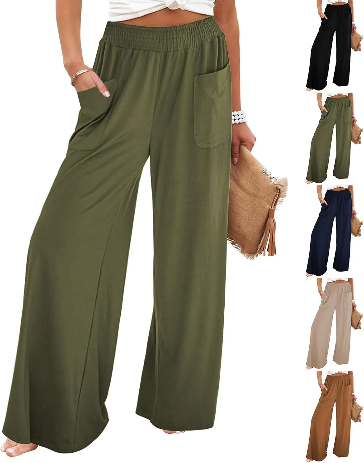 eoeioa High Waist Wide Leg Pants Women Baggy Stretch Smocked Waist Palazzo Pants Straight Lounge Beach Flowy Pants w/Pockets