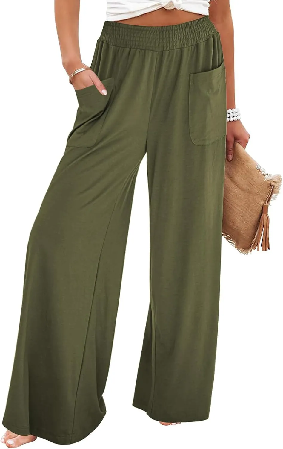 eoeioa High Waist Wide Leg Pants Women Baggy Stretch Smocked Waist Palazzo Pants Straight Lounge Beach Flowy Pants w/Pockets