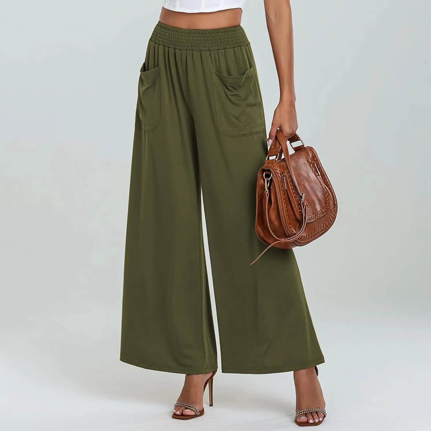 eoeioa High Waist Wide Leg Pants Women Baggy Stretch Smocked Waist Palazzo Pants Straight Lounge Beach Flowy Pants w/Pockets