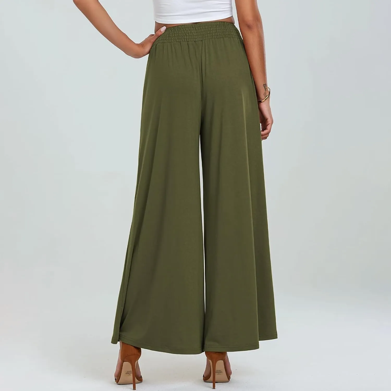 eoeioa High Waist Wide Leg Pants Women Baggy Stretch Smocked Waist Palazzo Pants Straight Lounge Beach Flowy Pants w/Pockets