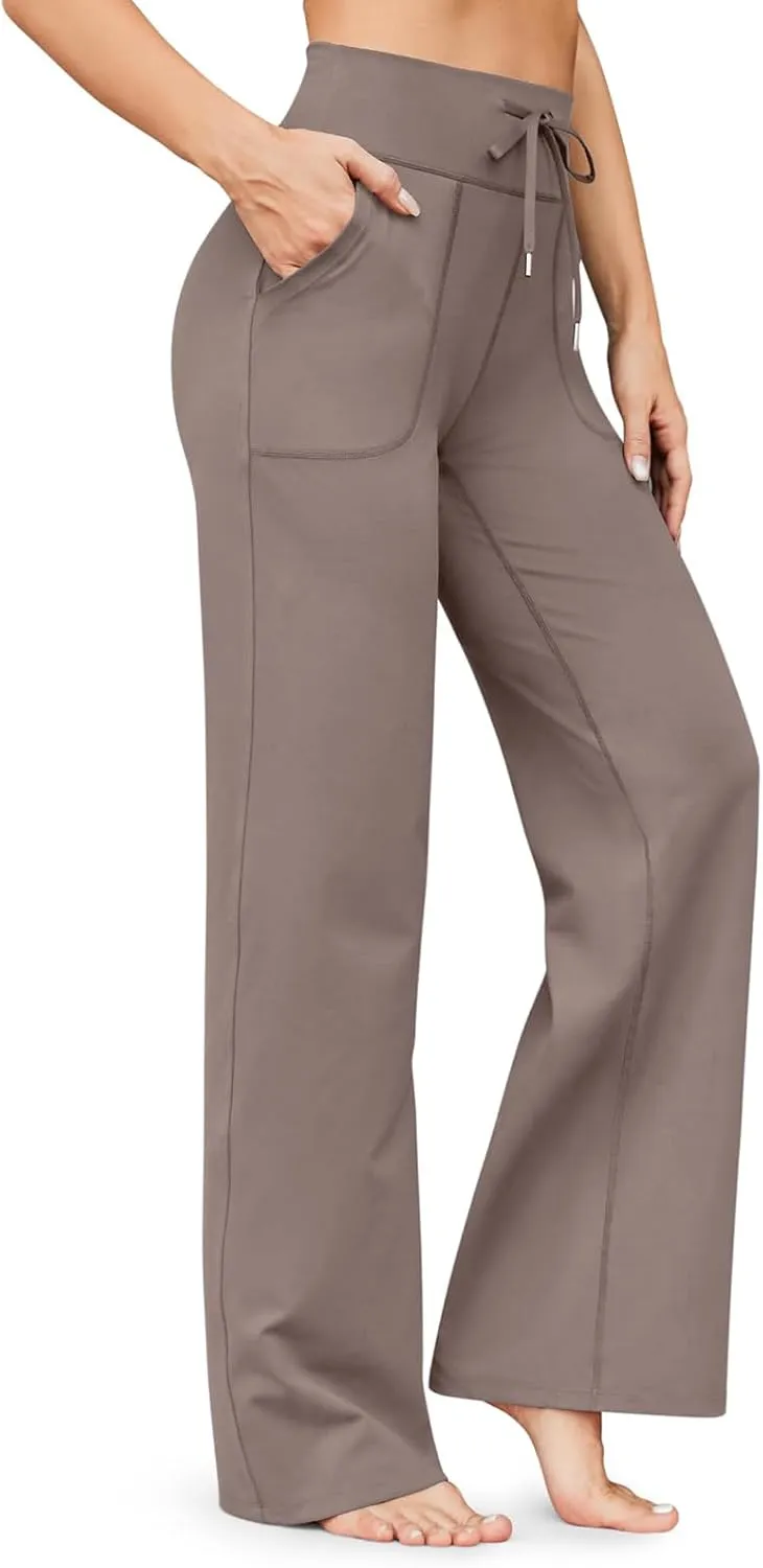 eoeioa Wide Leg Yoga Pants with Pockets for Women Elastic High Waist Straight Sweatpants Comfy Drawstring Lounge Pajama Pants