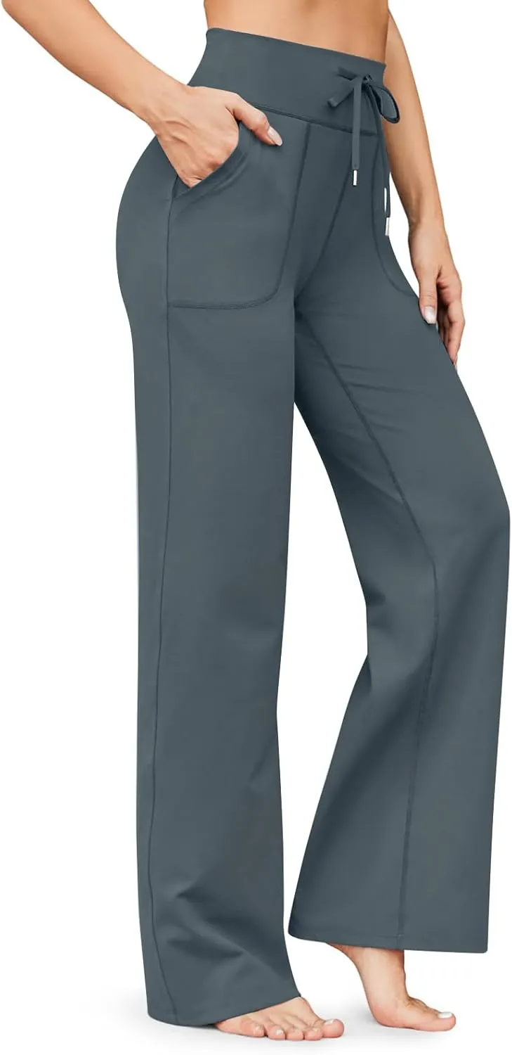 eoeioa Wide Leg Yoga Pants with Pockets for Women Elastic High Waist Straight Sweatpants Comfy Drawstring Lounge Pajama Pants