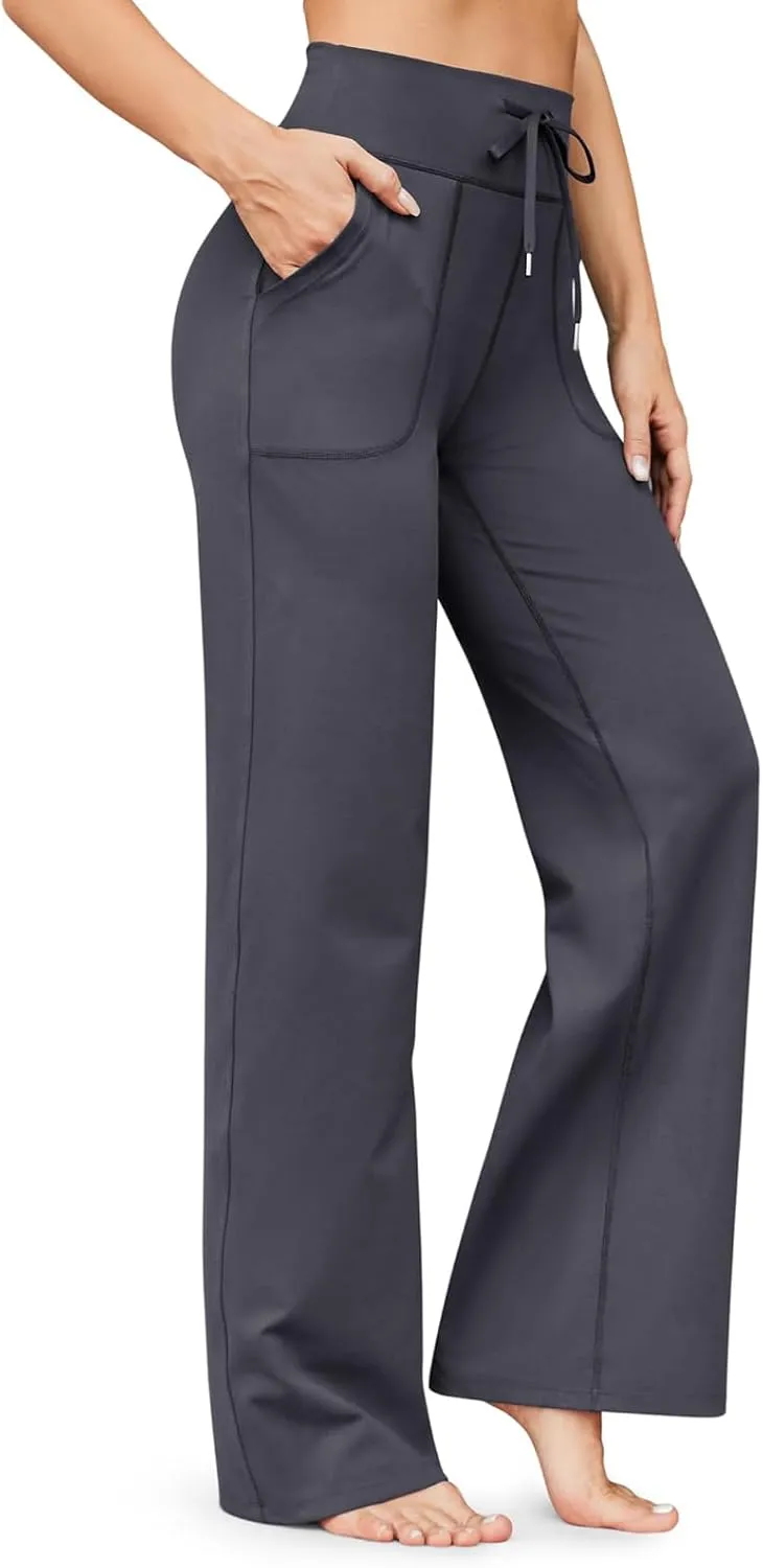 eoeioa Wide Leg Yoga Pants with Pockets for Women Elastic High Waist Straight Sweatpants Comfy Drawstring Lounge Pajama Pants
