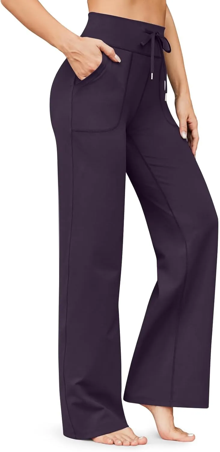 eoeioa Wide Leg Yoga Pants with Pockets for Women Elastic High Waist Straight Sweatpants Comfy Drawstring Lounge Pajama Pants