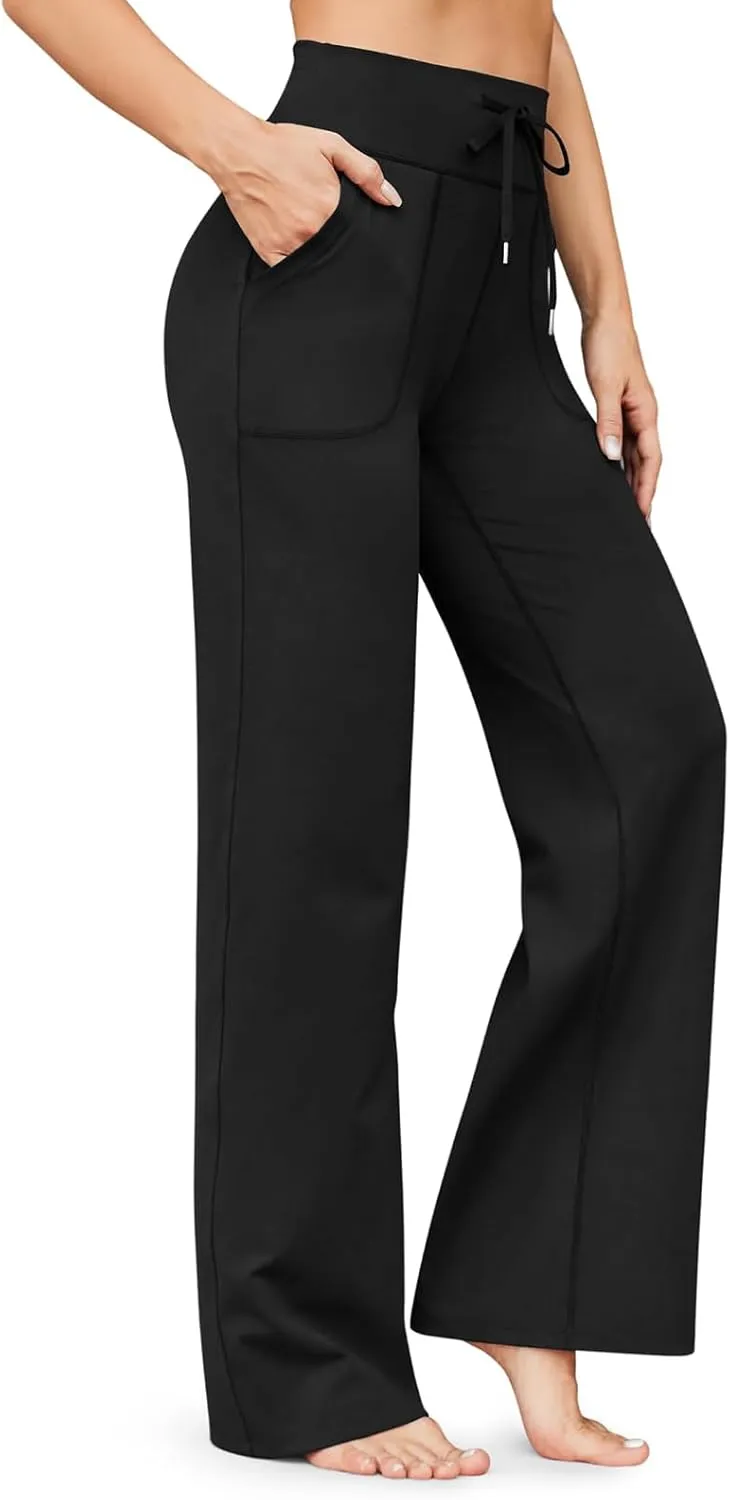 eoeioa Wide Leg Yoga Pants with Pockets for Women Elastic High Waist Straight Sweatpants Comfy Drawstring Lounge Pajama Pants