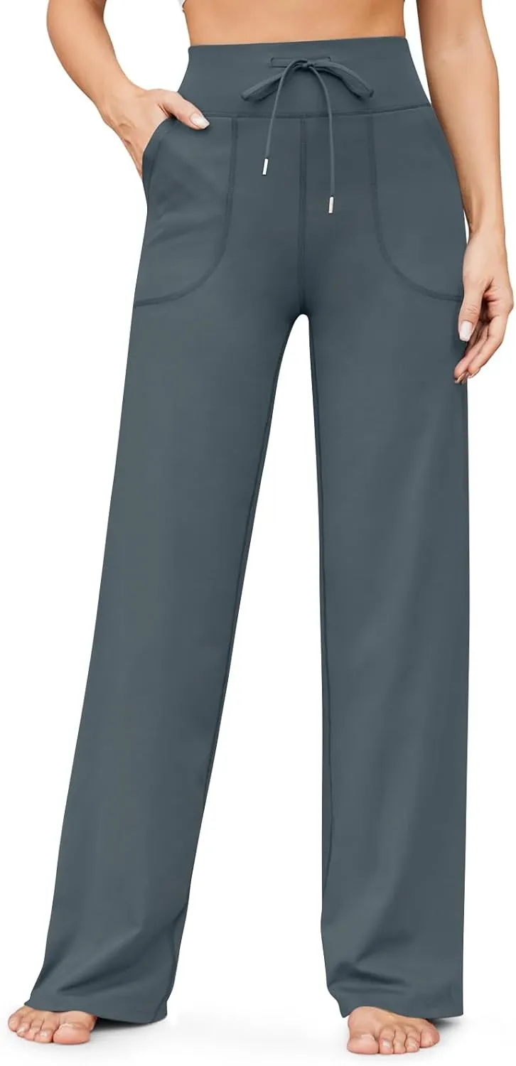 eoeioa Wide Leg Yoga Pants with Pockets for Women Elastic High Waist Straight Sweatpants Comfy Drawstring Lounge Pajama Pants