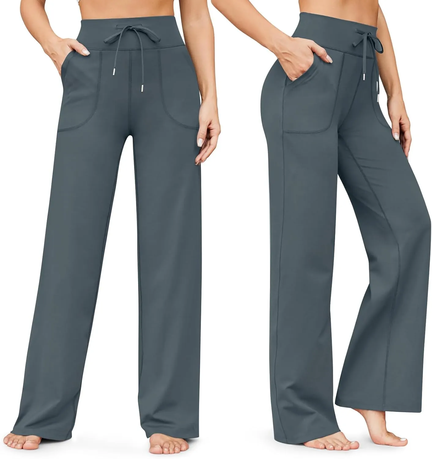 eoeioa Wide Leg Yoga Pants with Pockets for Women Elastic High Waist Straight Sweatpants Comfy Drawstring Lounge Pajama Pants