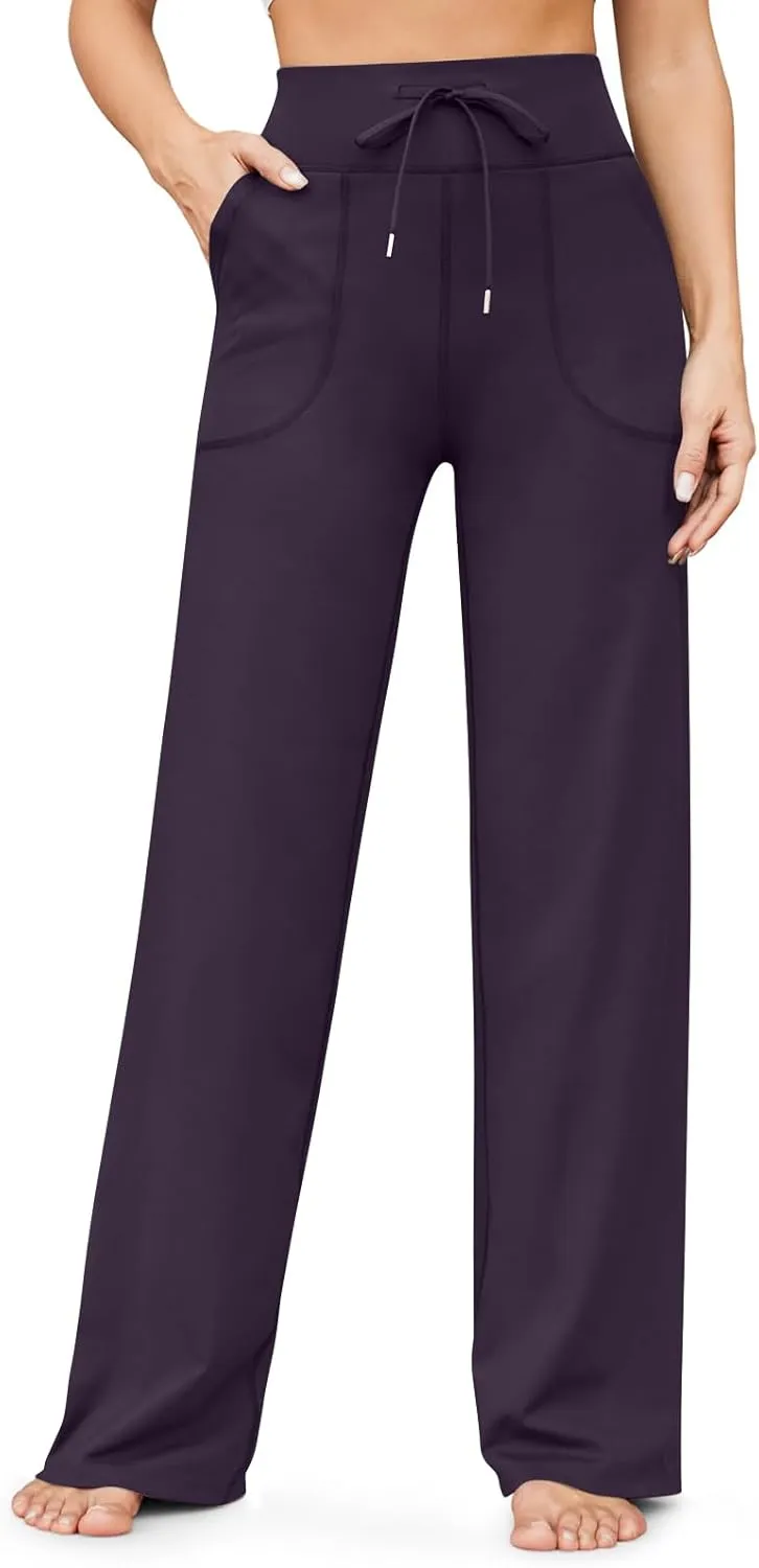 eoeioa Wide Leg Yoga Pants with Pockets for Women Elastic High Waist Straight Sweatpants Comfy Drawstring Lounge Pajama Pants
