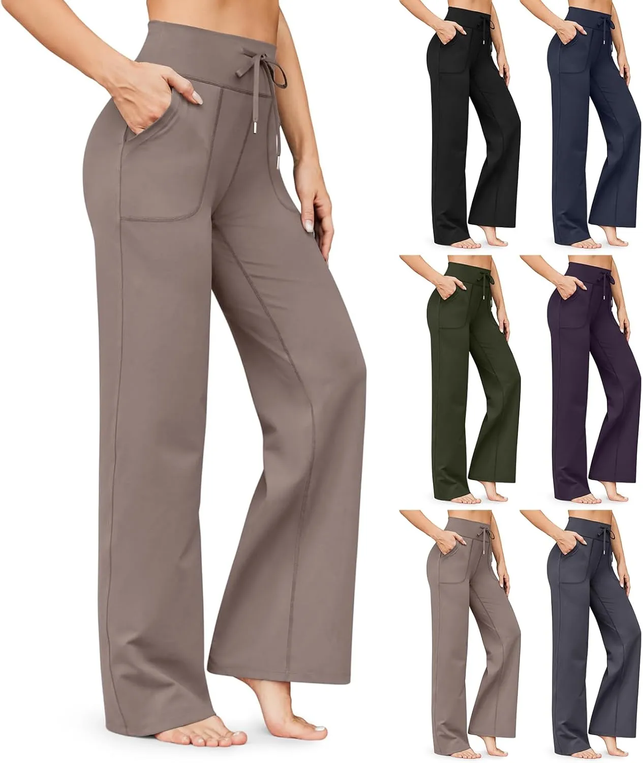 eoeioa Wide Leg Yoga Pants with Pockets for Women Elastic High Waist Straight Sweatpants Comfy Drawstring Lounge Pajama Pants