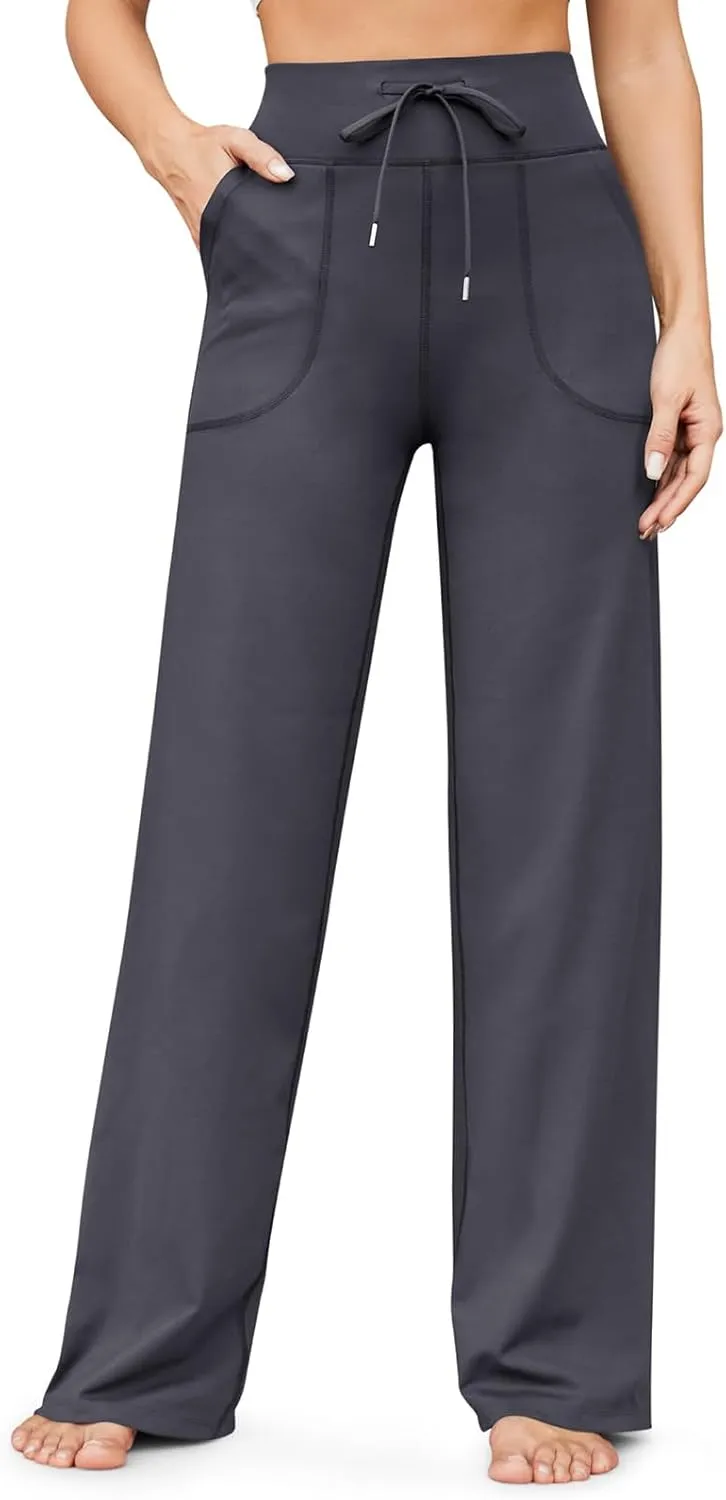 eoeioa Wide Leg Yoga Pants with Pockets for Women Elastic High Waist Straight Sweatpants Comfy Drawstring Lounge Pajama Pants
