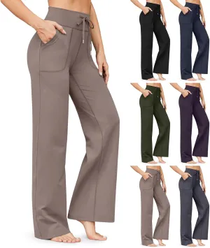 eoeioa Wide Leg Yoga Pants with Pockets for Women Elastic High Waist Straight Sweatpants Comfy Drawstring Lounge Pajama Pants