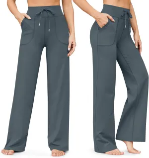 eoeioa Wide Leg Yoga Pants with Pockets for Women Elastic High Waist Straight Sweatpants Comfy Drawstring Lounge Pajama Pants