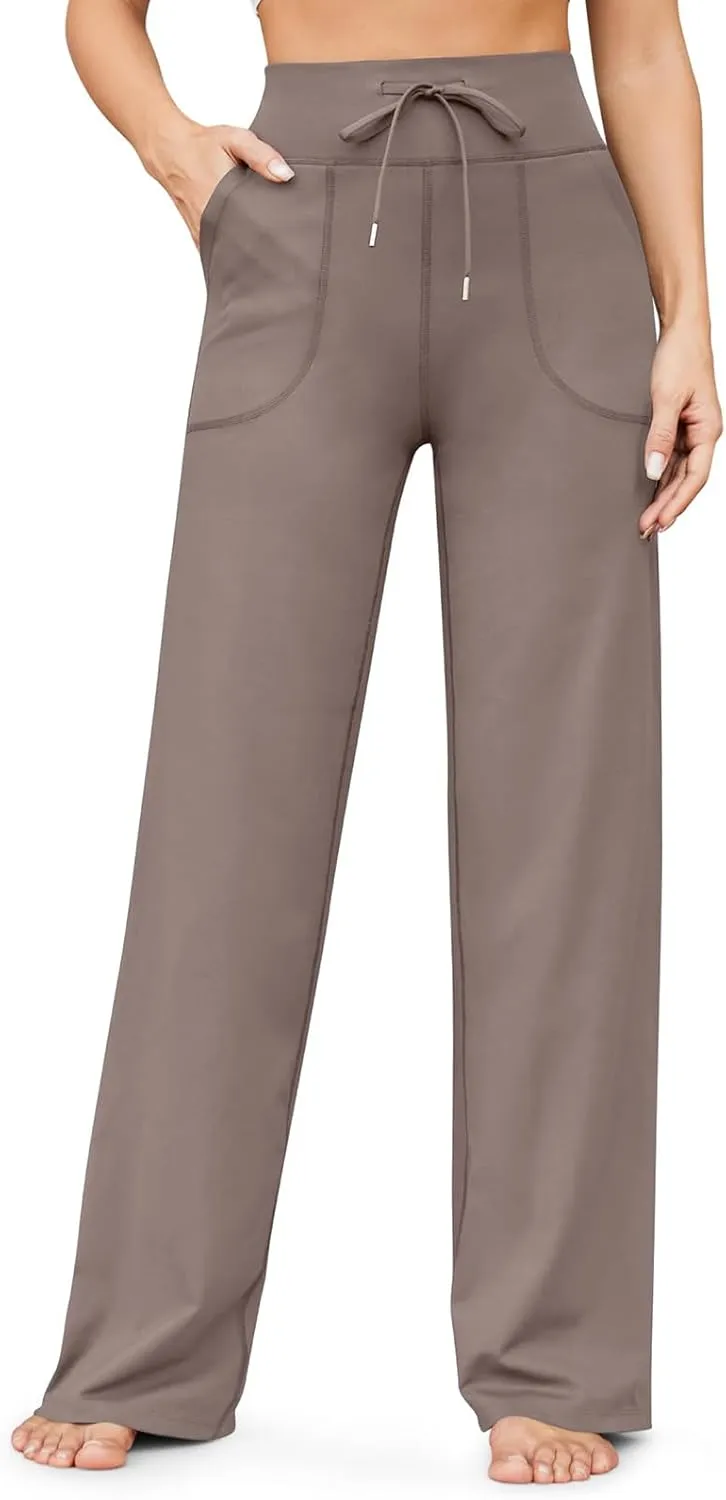 eoeioa Wide Leg Yoga Pants with Pockets for Women Elastic High Waist Straight Sweatpants Comfy Drawstring Lounge Pajama Pants